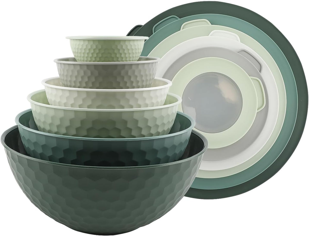 Mixing Bowls with Lids - 12 Piece Plastic Nesting Bowls Set includes 6 Prep Bowls and 6 Lids, Microwave Safe Mixing Bowl Set, Sage Embossed - Colors B