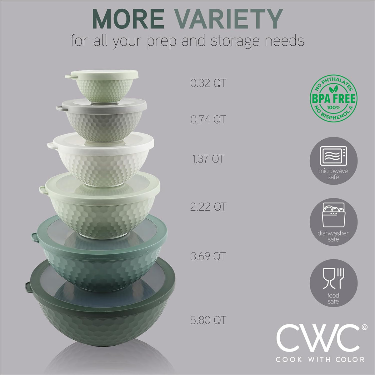 Mixing Bowls with Lids - 12 Piece Plastic Nesting Bowls Set includes 6 Prep Bowls and 6 Lids, Microwave Safe Mixing Bowl Set, Sage Embossed - Colors B