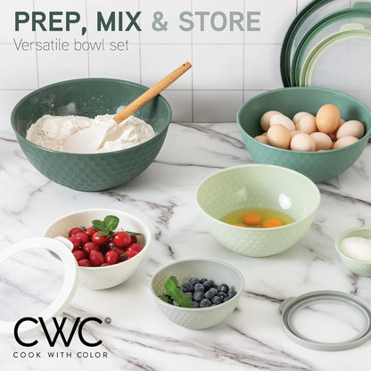 Mixing Bowls with Lids - 12 Piece Plastic Nesting Bowls Set includes 6 Prep Bowls and 6 Lids, Microwave Safe Mixing Bowl Set, Sage Embossed - Colors B