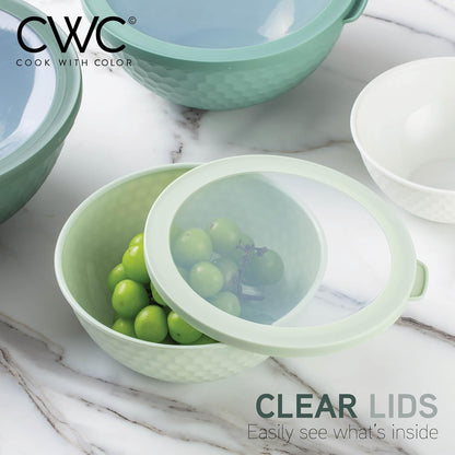 Mixing Bowls with Lids - 12 Piece Plastic Nesting Bowls Set includes 6 Prep Bowls and 6 Lids, Microwave Safe Mixing Bowl Set, Sage Embossed - Colors B