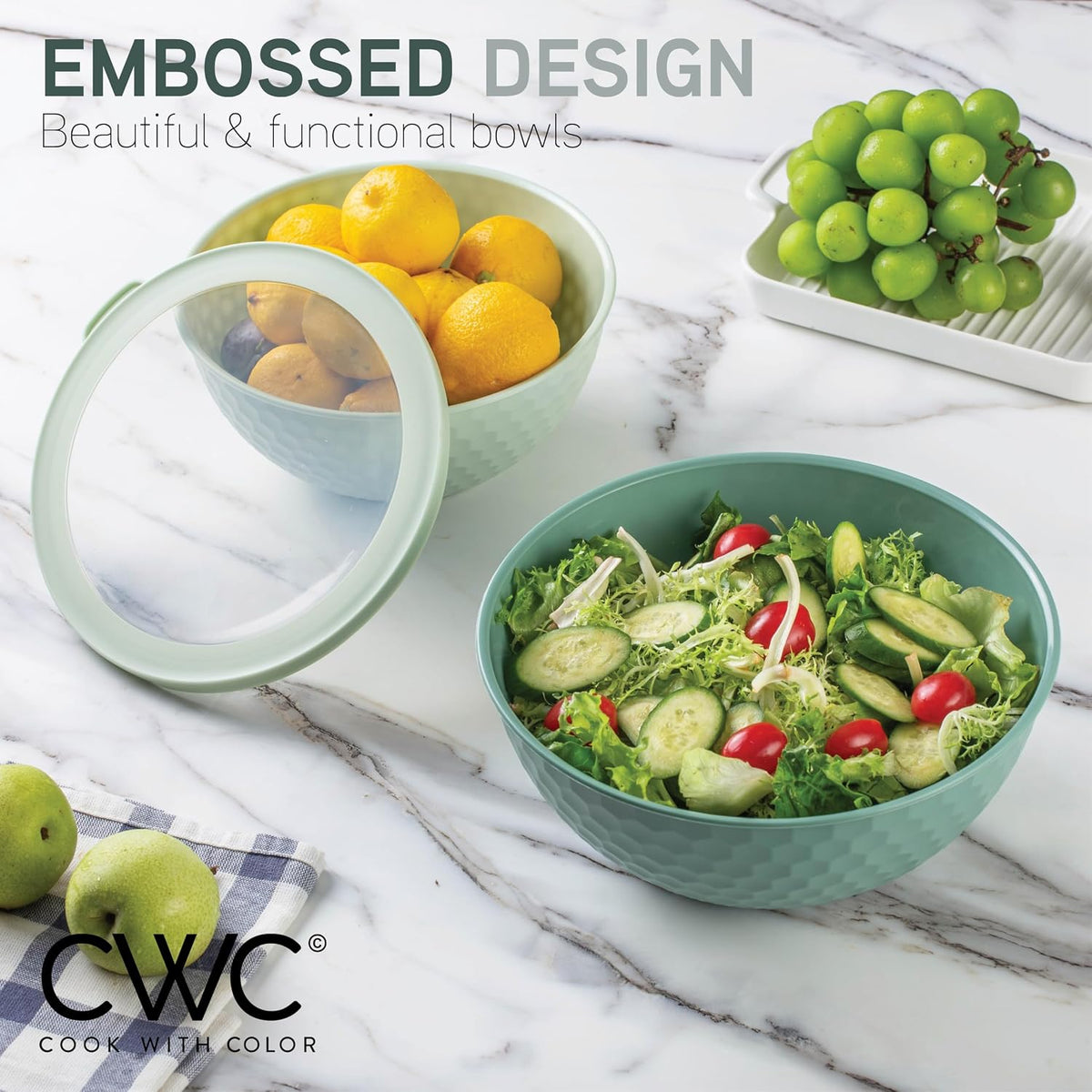 Mixing Bowls with Lids - 12 Piece Plastic Nesting Bowls Set includes 6 Prep Bowls and 6 Lids, Microwave Safe Mixing Bowl Set, Sage Embossed - Colors B