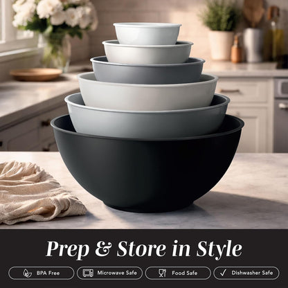 Mixing Bowls with Lids - 12 Piece Plastic Nesting Bowls Set includes 6 Prep Bowls and 6 Lids, Microwave Safe Mixing Bowl Set, Sage Embossed - Colors B