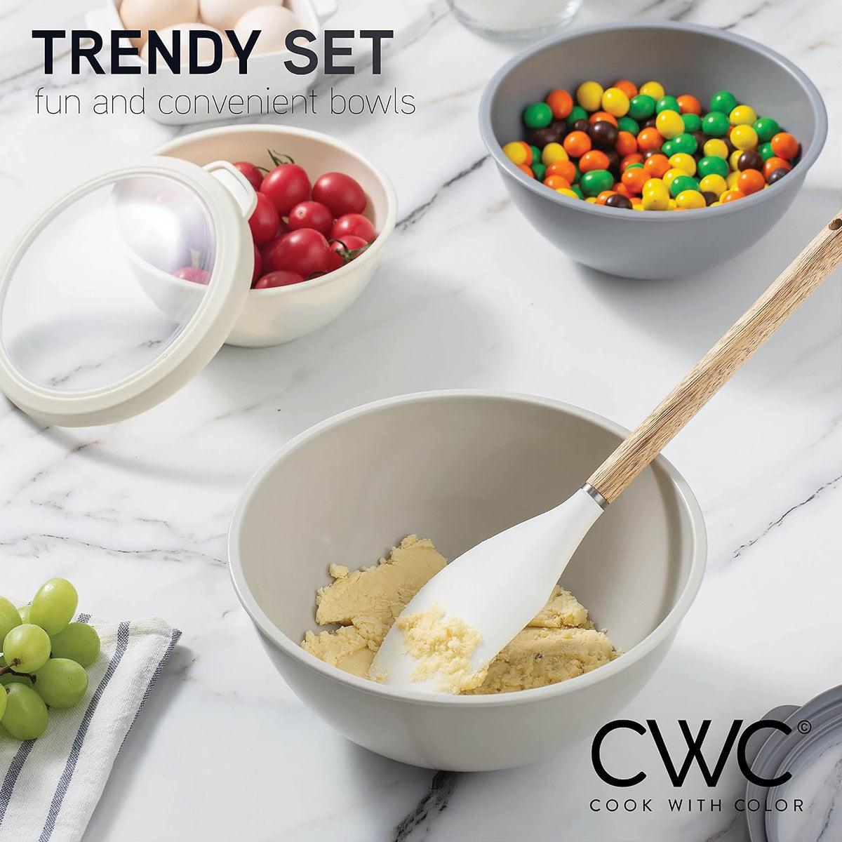 Mixing Bowls with Lids - 12 Piece Plastic Nesting Bowls Set includes 6 Prep Bowls and 6 Lids, Microwave Safe Mixing Bowl Set, Sage Embossed - Colors B