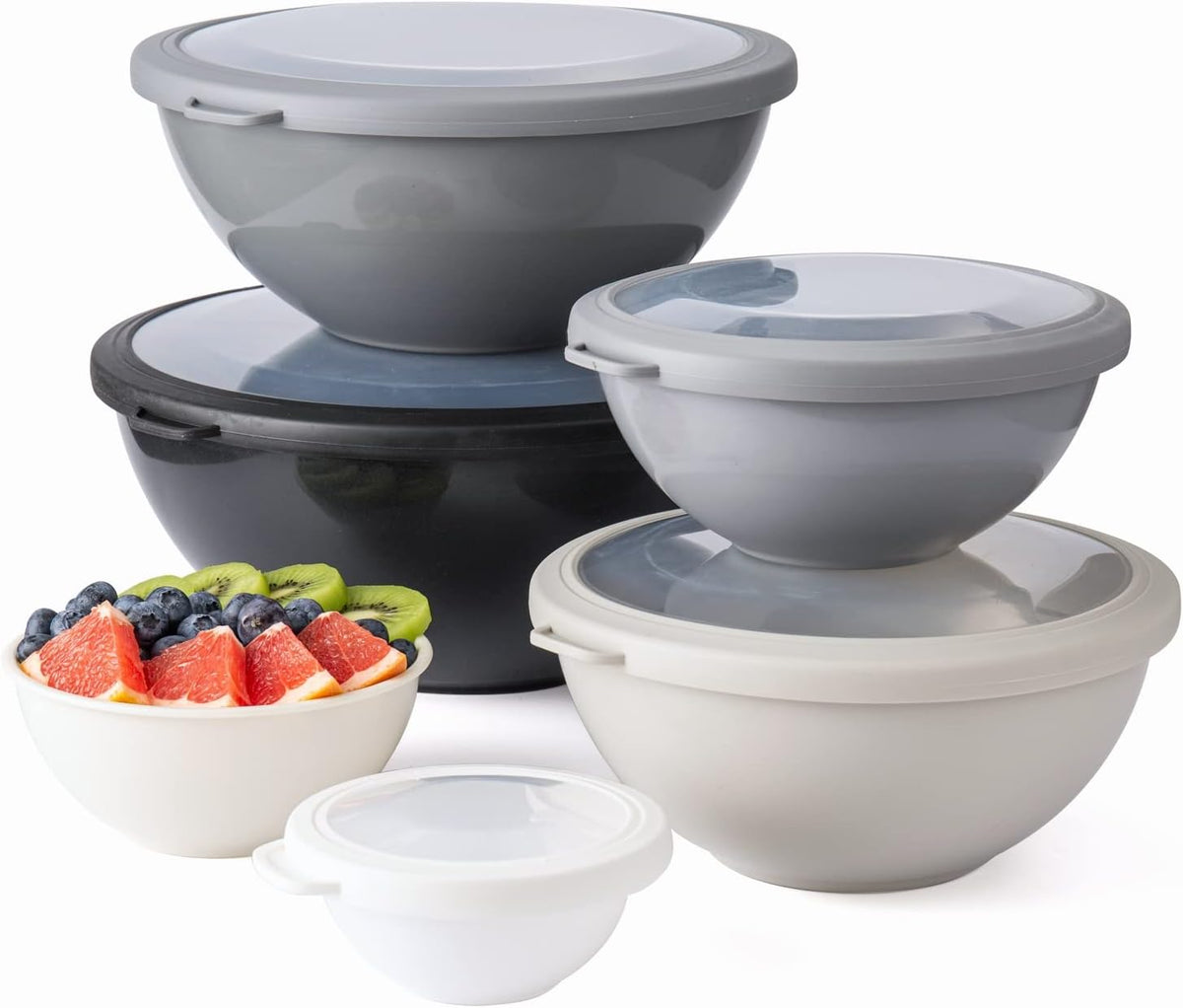 Mixing Bowls with Lids - 12 Piece Plastic Nesting Bowls Set includes 6 Prep Bowls and 6 Lids, Microwave Safe Mixing Bowl Set, Sage Embossed - Colors B