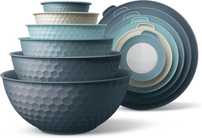 Mixing Bowls with Lids - 12 Piece Plastic Nesting Bowls Set includes 6 Prep Bowls and 6 Lids, Microwave Safe Mixing Bowl Set, Sage Embossed - Colors B
