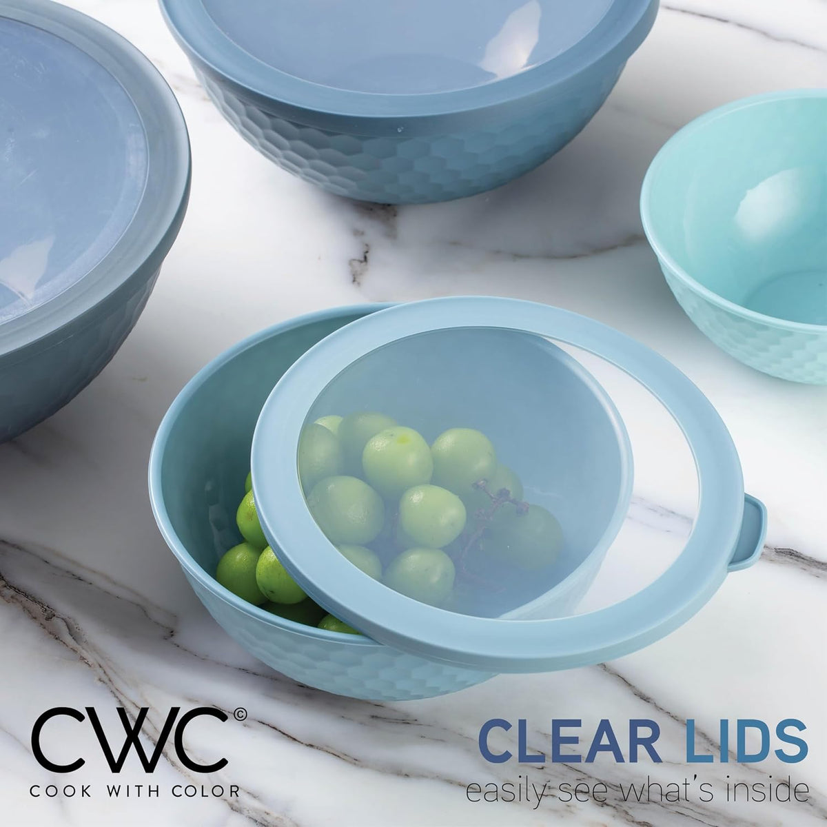 Mixing Bowls with Lids - 12 Piece Plastic Nesting Bowls Set includes 6 Prep Bowls and 6 Lids, Microwave Safe Mixing Bowl Set, Sage Embossed - Colors B