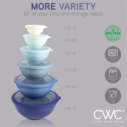 Mixing Bowls with Lids - 12 Piece Plastic Nesting Bowls Set includes 6 Prep Bowls and 6 Lids, Microwave Safe Mixing Bowl Set, Sage Embossed - Colors B
