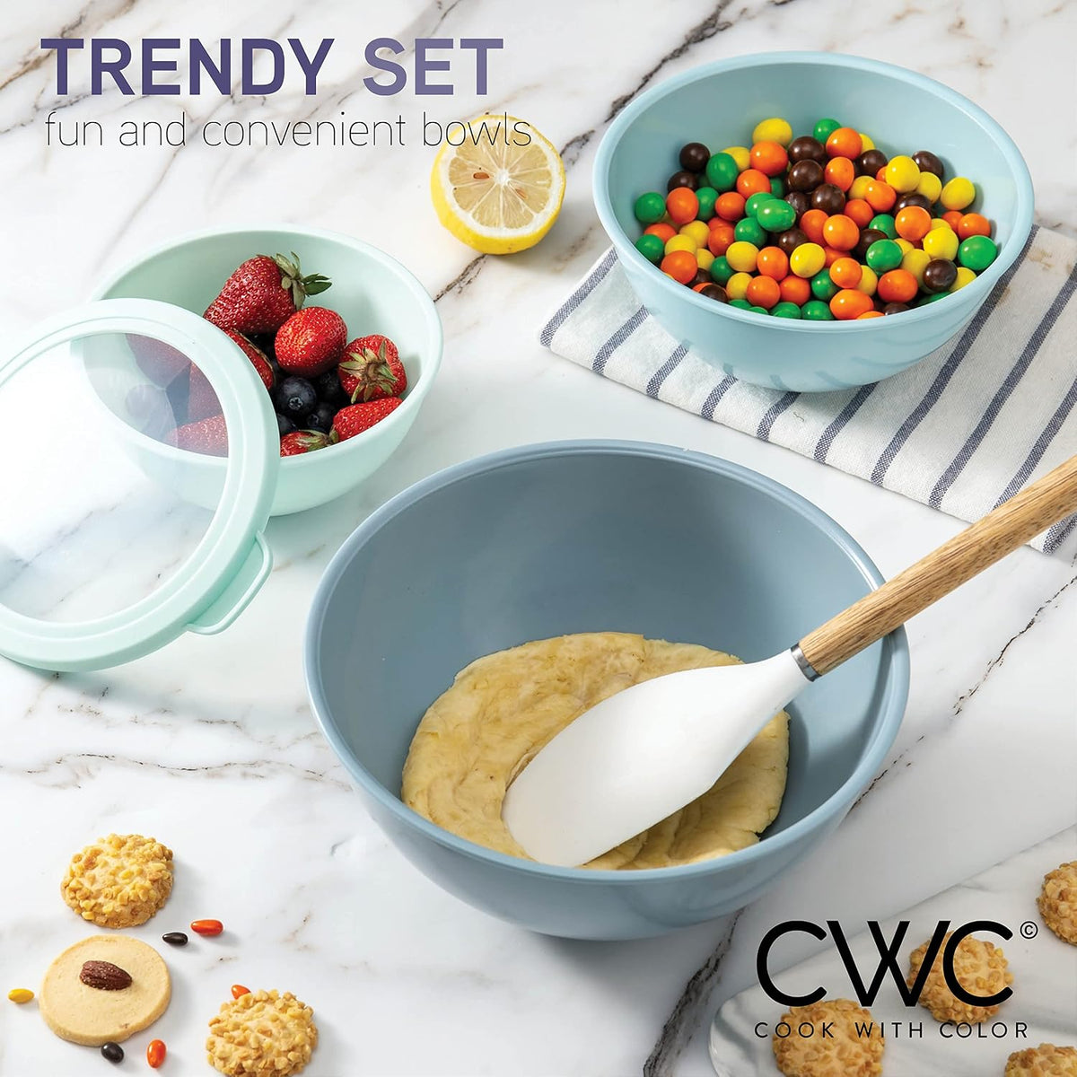 Mixing Bowls with Lids - 12 Piece Plastic Nesting Bowls Set includes 6 Prep Bowls and 6 Lids, Microwave Safe Mixing Bowl Set, Sage Embossed - Colors B
