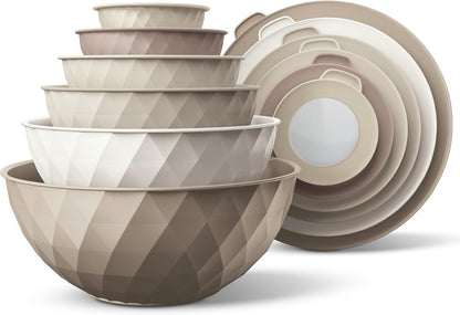 Mixing Bowls with Lids - 12 Piece Plastic Nesting Bowls Set includes 6 Prep Bowls and 6 Lids, Microwave Safe Mixing Bowl Set, Sage Embossed - Colors B