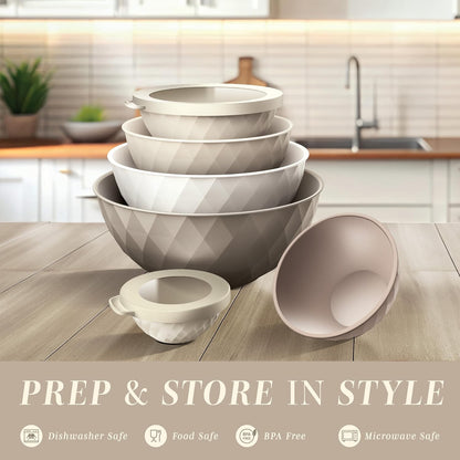 Mixing Bowls with Lids - 12 Piece Plastic Nesting Bowls Set includes 6 Prep Bowls and 6 Lids, Microwave Safe Mixing Bowl Set, Sage Embossed - Colors B