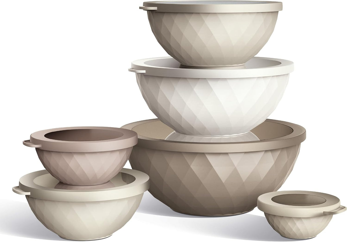 Mixing Bowls with Lids - 12 Piece Plastic Nesting Bowls Set includes 6 Prep Bowls and 6 Lids, Microwave Safe Mixing Bowl Set, Sage Embossed - Colors B