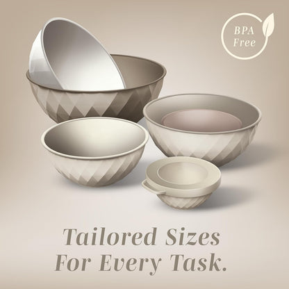 Mixing Bowls with Lids - 12 Piece Plastic Nesting Bowls Set includes 6 Prep Bowls and 6 Lids, Microwave Safe Mixing Bowl Set, Sage Embossed - Colors B
