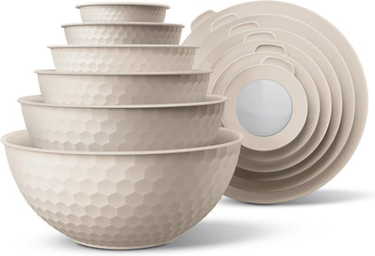 Mixing Bowls with Lids - 12 Piece Plastic Nesting Bowls Set includes 6 Prep Bowls and 6 Lids, Microwave Safe Mixing Bowl Set, Sage Embossed - Colors B