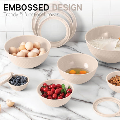 Mixing Bowls with Lids - 12 Piece Plastic Nesting Bowls Set includes 6 Prep Bowls and 6 Lids, Microwave Safe Mixing Bowl Set, Sage Embossed - Colors B