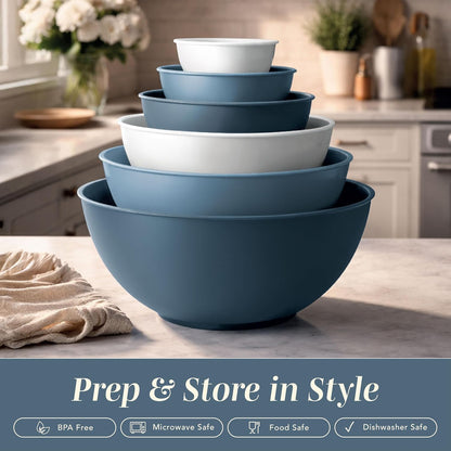 Mixing Bowls with Lids - 12 Piece Plastic Nesting Bowls Set includes 6 Prep Bowls and 6 Lids, Microwave Safe Mixing Bowl Set, Sage Embossed - Colors B