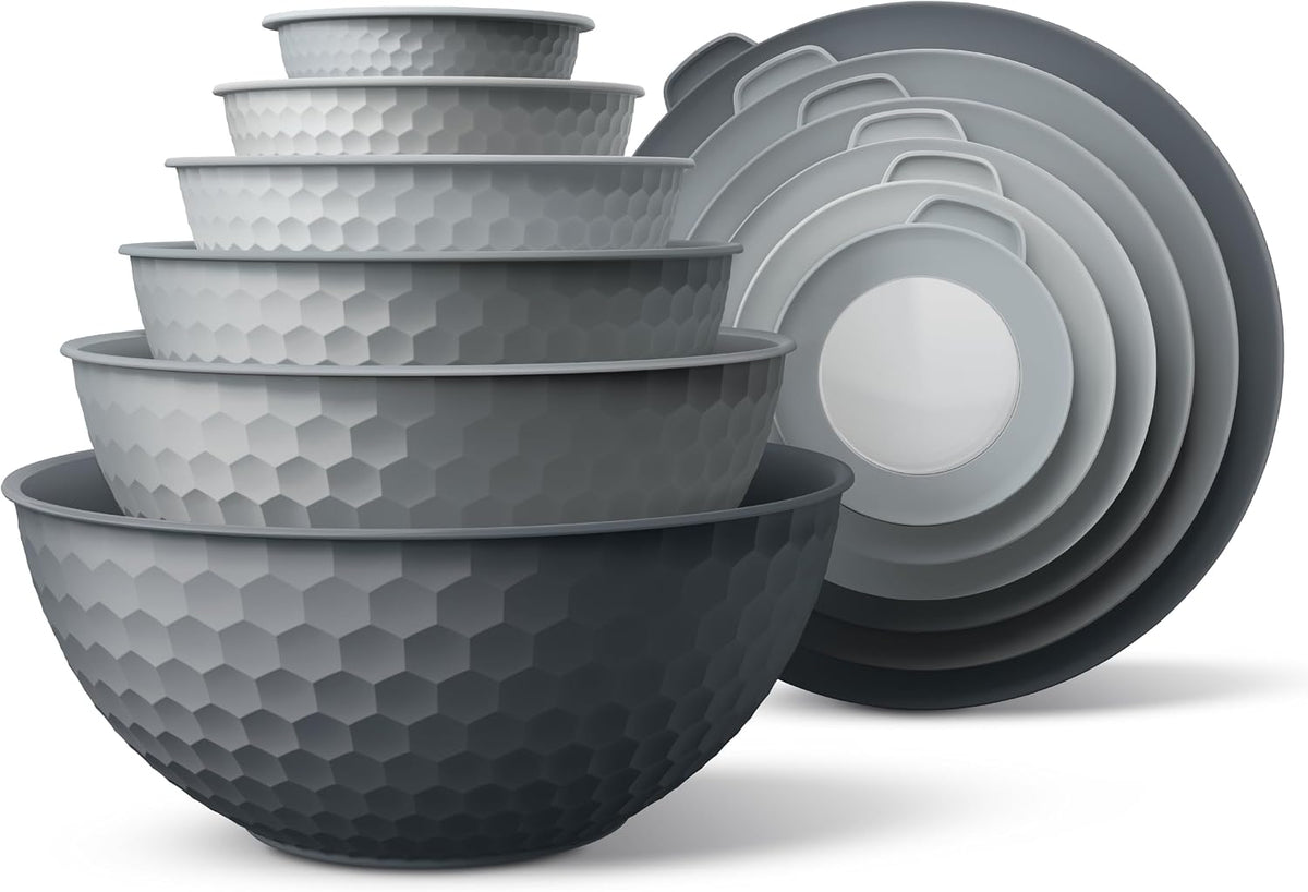 Mixing Bowls with Lids - 12 Piece Plastic Nesting Bowls Set includes 6 Prep Bowls and 6 Lids, Microwave Safe Mixing Bowl Set, Sage Embossed - Colors B