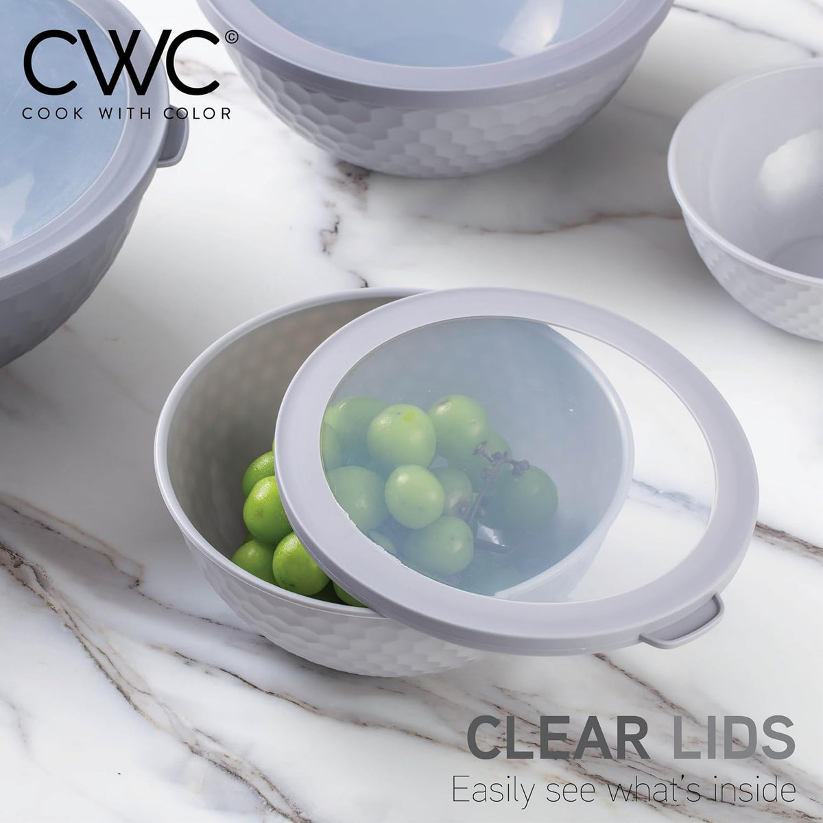 Mixing Bowls with Lids - 12 Piece Plastic Nesting Bowls Set includes 6 Prep Bowls and 6 Lids, Microwave Safe Mixing Bowl Set, Sage Embossed - Colors B