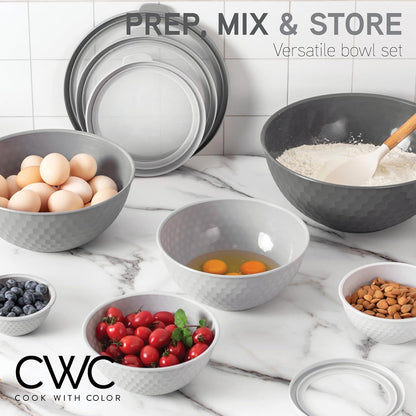 Mixing Bowls with Lids - 12 Piece Plastic Nesting Bowls Set includes 6 Prep Bowls and 6 Lids, Microwave Safe Mixing Bowl Set, Sage Embossed - Colors B
