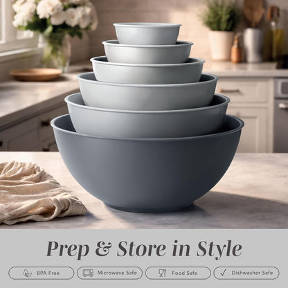 Mixing Bowls with Lids - 12 Piece Plastic Nesting Bowls Set includes 6 Prep Bowls and 6 Lids, Microwave Safe Mixing Bowl Set, Sage Embossed - Colors B