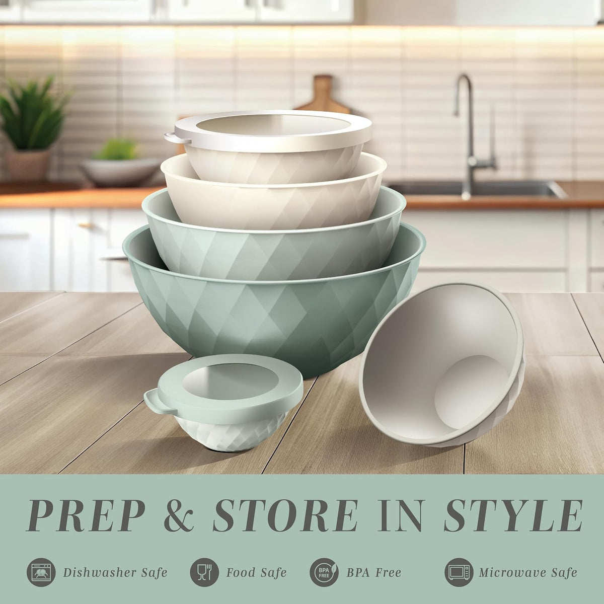 Mixing Bowls with Lids - 12 Piece Plastic Nesting Bowls Set includes 6 Prep Bowls and 6 Lids, Microwave Safe Mixing Bowl Set, Sage Embossed - Colors B