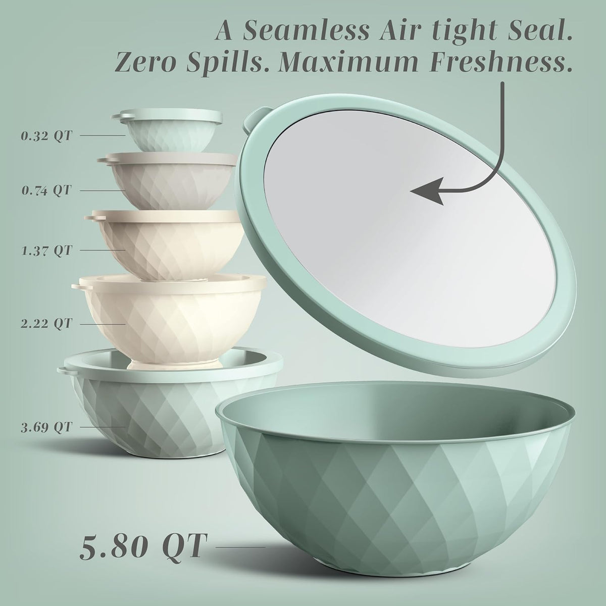 Mixing Bowls with Lids - 12 Piece Plastic Nesting Bowls Set includes 6 Prep Bowls and 6 Lids, Microwave Safe Mixing Bowl Set, Sage Embossed - Colors B