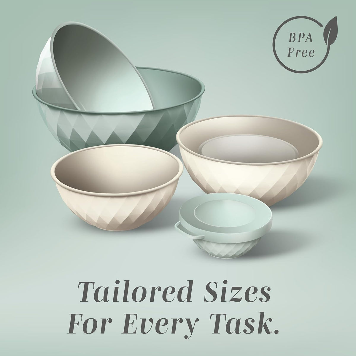 Mixing Bowls with Lids - 12 Piece Plastic Nesting Bowls Set includes 6 Prep Bowls and 6 Lids, Microwave Safe Mixing Bowl Set, Sage Embossed - Colors B