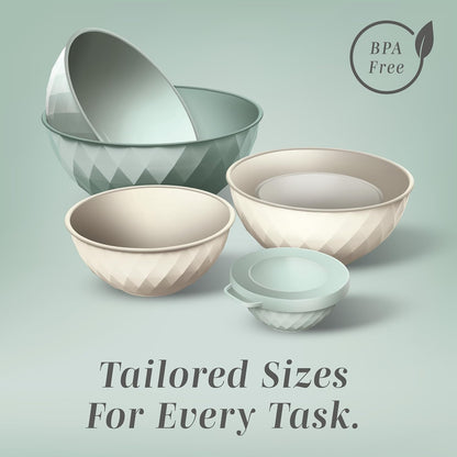 Mixing Bowls with Lids - 12 Piece Plastic Nesting Bowls Set includes 6 Prep Bowls and 6 Lids, Microwave Safe Mixing Bowl Set, Sage Embossed - Colors B