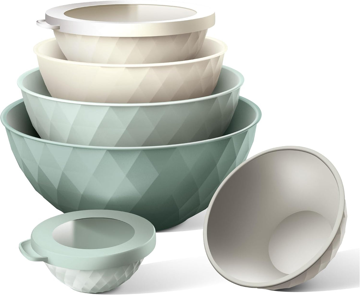 Mixing Bowls with Lids - 12 Piece Plastic Nesting Bowls Set includes 6 Prep Bowls and 6 Lids, Microwave Safe Mixing Bowl Set, Sage Embossed - Colors B