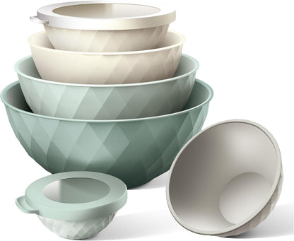 Mixing Bowls with Lids - 12 Piece Plastic Nesting Bowls Set includes 6 Prep Bowls and 6 Lids, Microwave Safe Mixing Bowl Set, Sage Embossed - Colors B