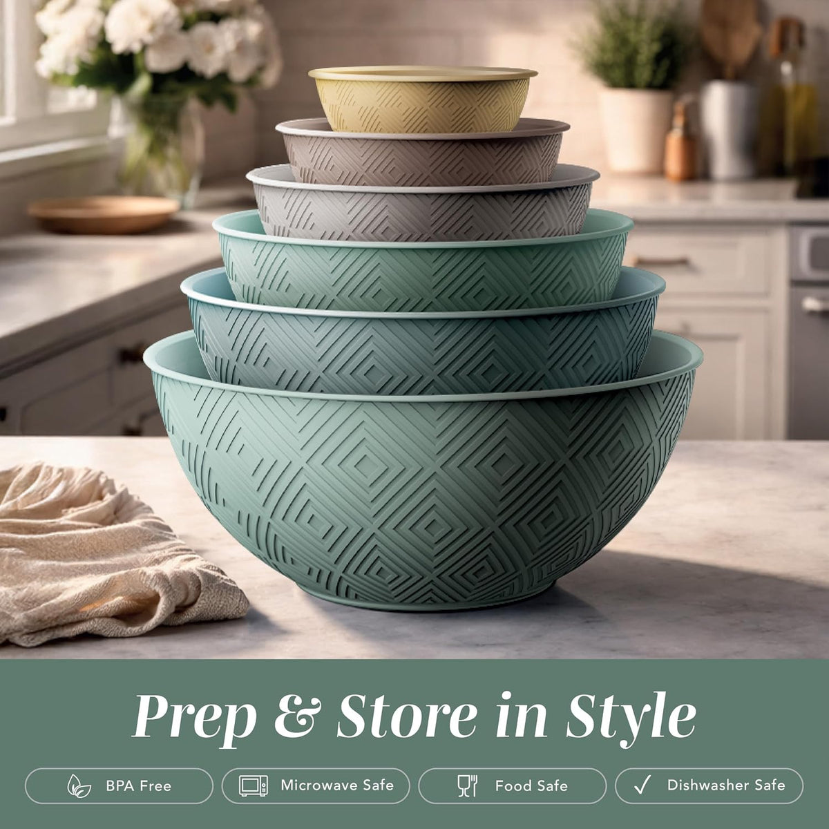 Mixing Bowls with Lids - 12 Piece Plastic Nesting Bowls Set includes 6 Prep Bowls and 6 Lids, Microwave Safe Mixing Bowl Set, Sage Embossed - Colors B