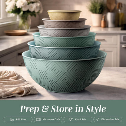Mixing Bowls with Lids - 12 Piece Plastic Nesting Bowls Set includes 6 Prep Bowls and 6 Lids, Microwave Safe Mixing Bowl Set, Sage Embossed - Colors B