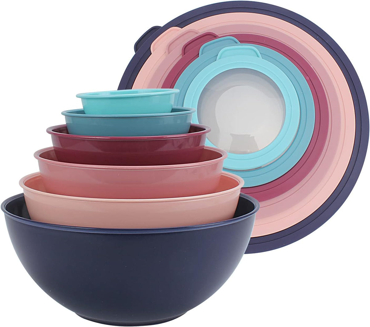 Mixing Bowls with Lids - 12 Piece Plastic Nesting Bowls Set includes 6 Prep Bowls and 6 Lids, Microwave Safe Mixing Bowl Set, Sage Embossed - Colors B