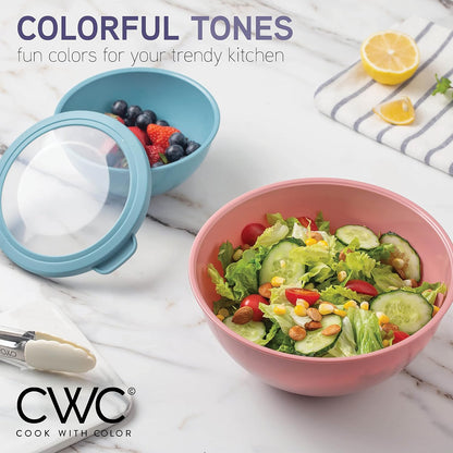 Mixing Bowls with Lids - 12 Piece Plastic Nesting Bowls Set includes 6 Prep Bowls and 6 Lids, Microwave Safe Mixing Bowl Set, Sage Embossed - Colors B