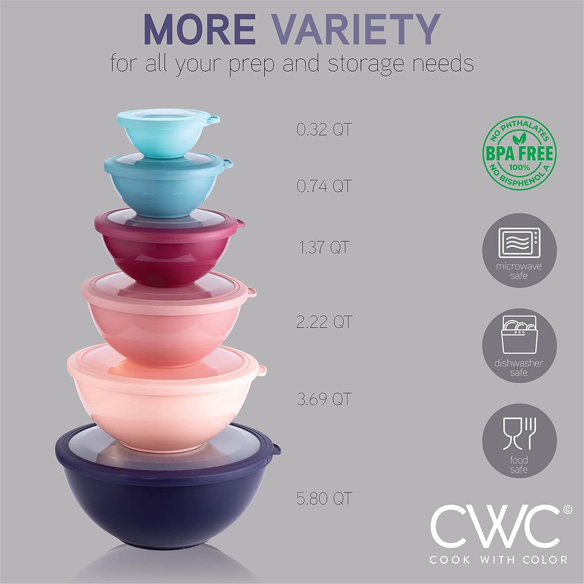 Mixing Bowls with Lids - 12 Piece Plastic Nesting Bowls Set includes 6 Prep Bowls and 6 Lids, Microwave Safe Mixing Bowl Set, Sage Embossed - Colors B