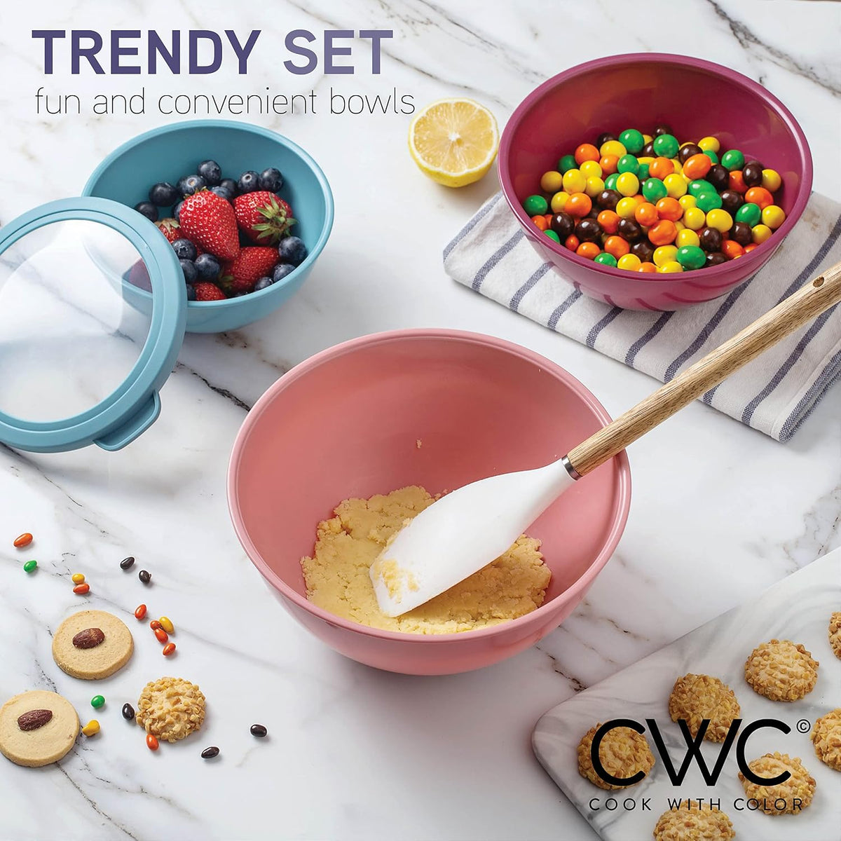 Mixing Bowls with Lids - 12 Piece Plastic Nesting Bowls Set includes 6 Prep Bowls and 6 Lids, Microwave Safe Mixing Bowl Set, Sage Embossed - Colors B