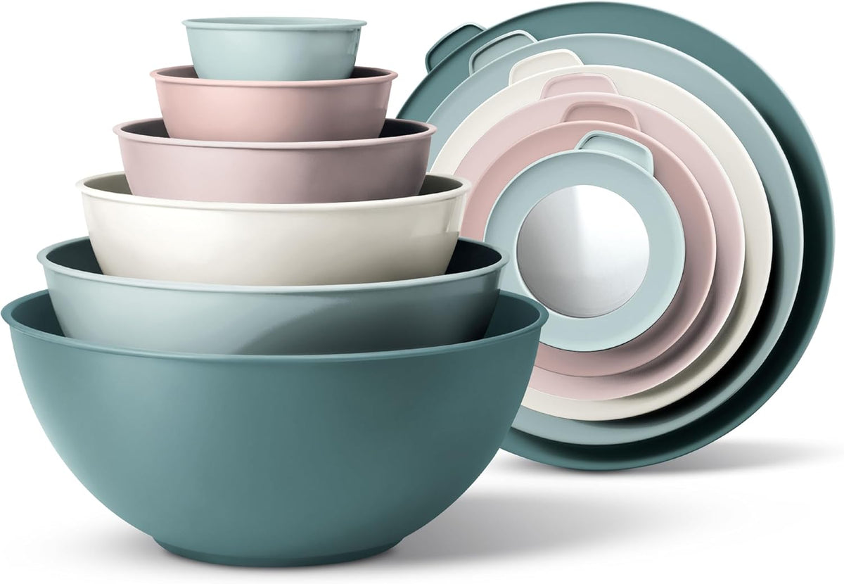 Mixing Bowls with Lids - 12 Piece Plastic Nesting Bowls Set includes 6 Prep Bowls and 6 Lids, Microwave Safe Mixing Bowl Set, Sage Embossed - Colors B