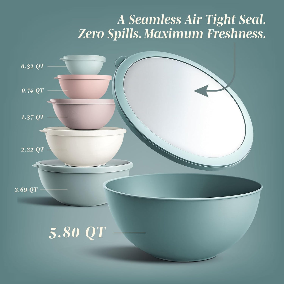 Mixing Bowls with Lids - 12 Piece Plastic Nesting Bowls Set includes 6 Prep Bowls and 6 Lids, Microwave Safe Mixing Bowl Set, Sage Embossed - Colors B