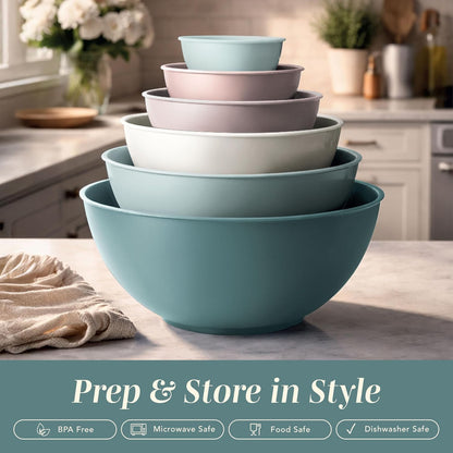 Mixing Bowls with Lids - 12 Piece Plastic Nesting Bowls Set includes 6 Prep Bowls and 6 Lids, Microwave Safe Mixing Bowl Set, Sage Embossed - Colors B