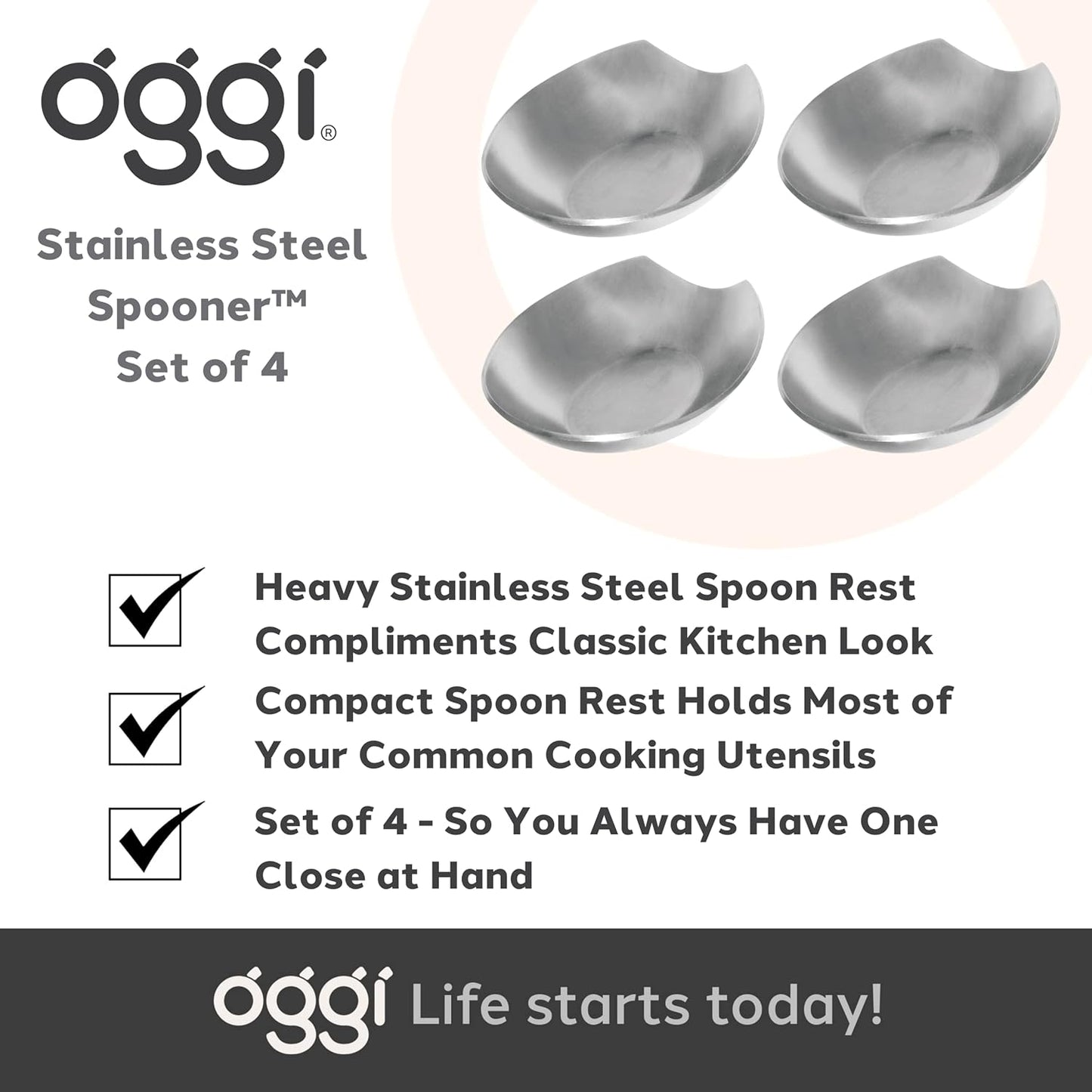 Spooner Stainless Steel Spoon Rest - Set of 4 - Holds Kitchen Utensils for Mess Free Cooking, Great Spoon Rest for Counter, Stove Top, or Coffee Station; Kitchen Accessories, Utensil Rest