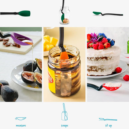 Mini Supoon Non-Stick Sit-Up Silicone Scraping Cooking Spoon, Jar Scraper Measures 5ml Tsp - 8" Purple | Non-stick cookware safe, mess-free, sit up head with flat squeegee tip, heat-resistant, measures 5ml tsp, 8"