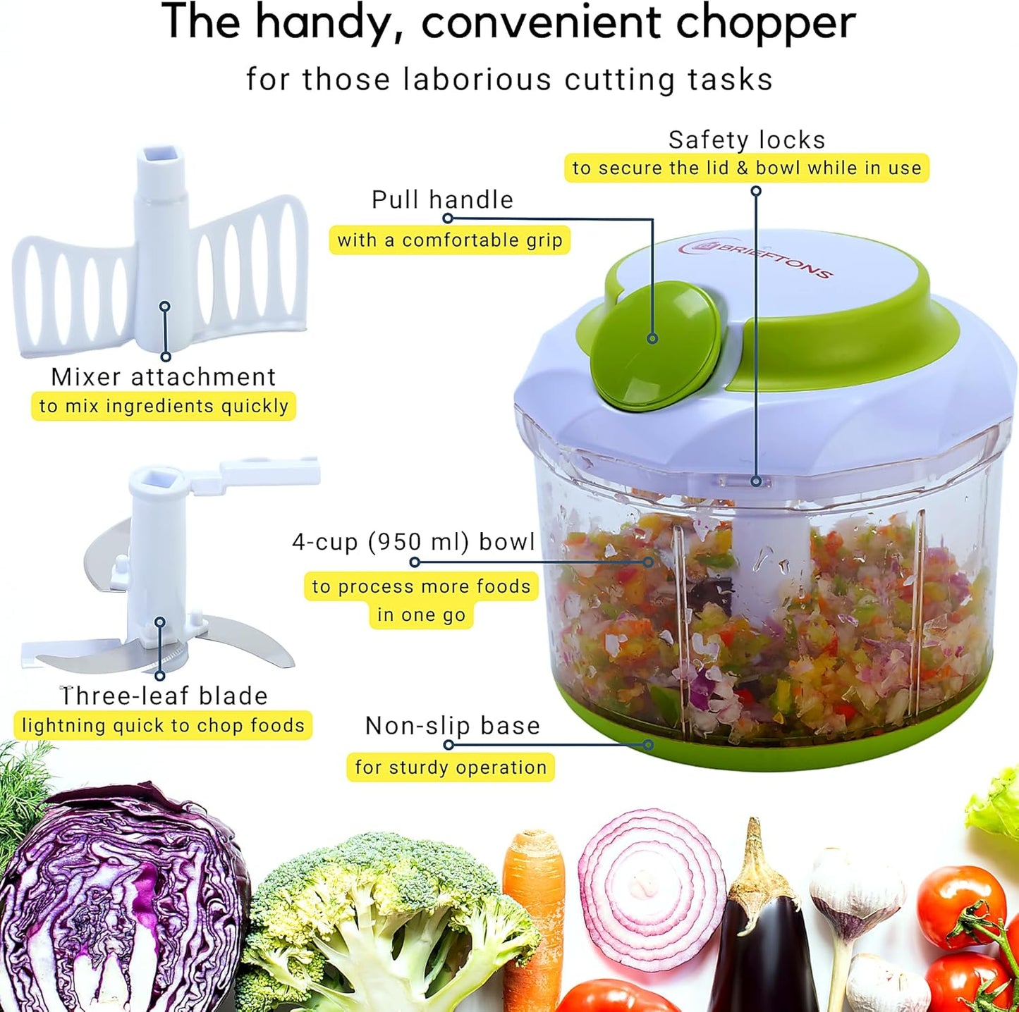 Manual Food Chopper, Compact & Powerful Hand Pull Chopper Blender to Chop Onion, Garlic, Vegetables, Fruits, Herbs for Salsa, Salad, Pesto, Hummus, Coleslaw, Puree, Indian Cooking