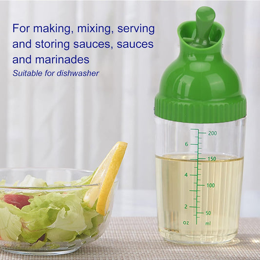 Salad Dressing Shaker, 200ml Plastic Clear Measuring Bottle for Mixing Ranch Homemade Sauce Container BPA Free Dripless Pour PP Dispenser Leak Proof Sealed Spout Lid (Green)