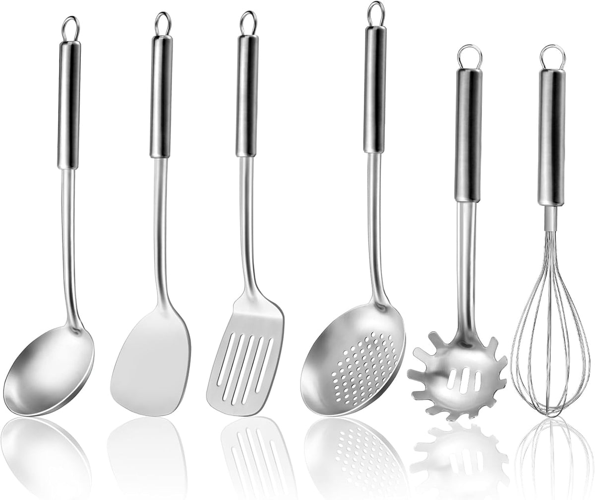 Kitchen Cooking Utensils Set, Stainless Steel Kitchen Utensils with Suspendable Handle, Spatula, Slotted Turner, Soup Ladle, Slotted Spoon, Whisk, Pasta Server, Dishwasher Safe