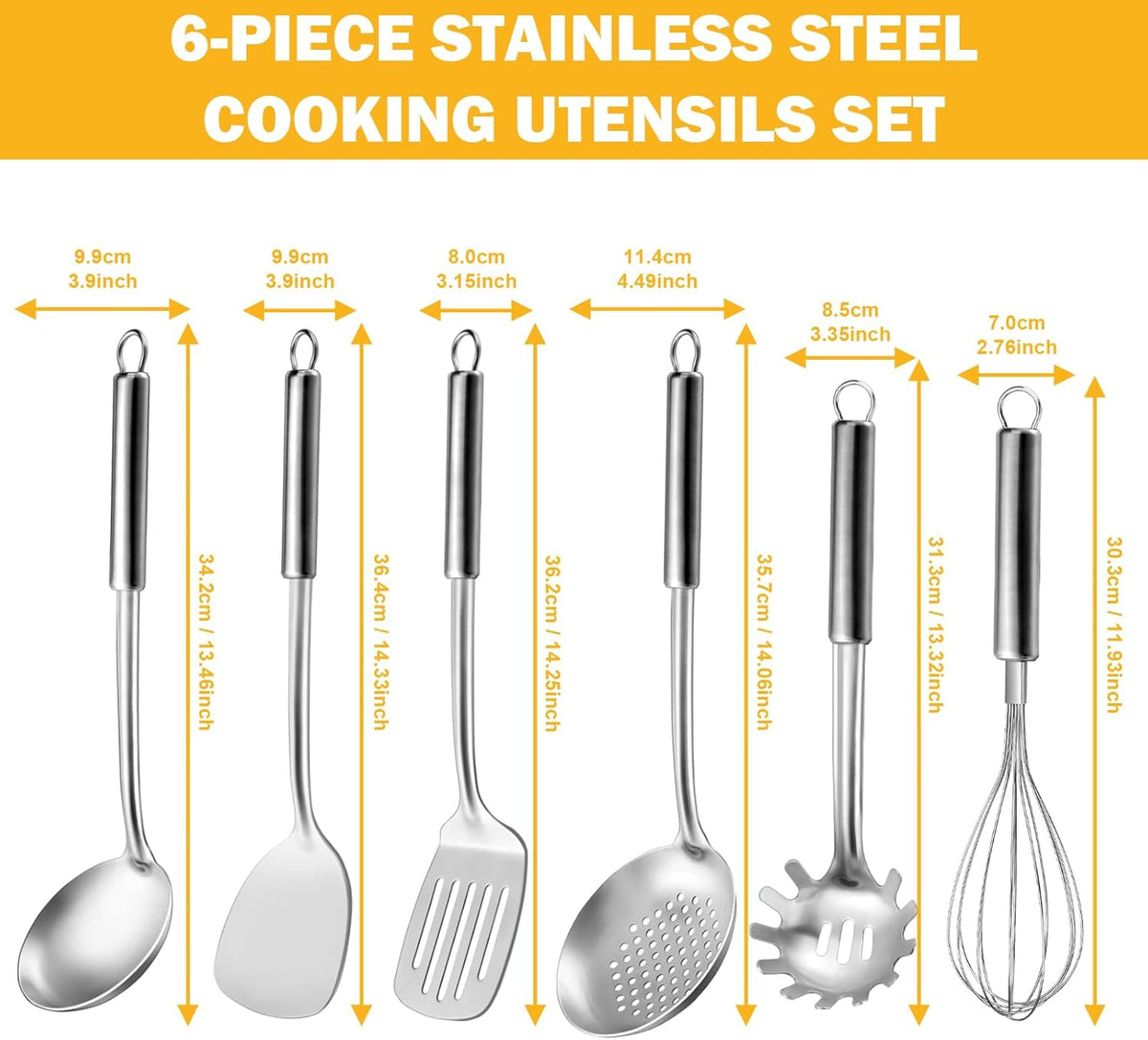 Kitchen Cooking Utensils Set, Stainless Steel Kitchen Utensils with Suspendable Handle, Spatula, Slotted Turner, Soup Ladle, Slotted Spoon, Whisk, Pasta Server, Dishwasher Safe