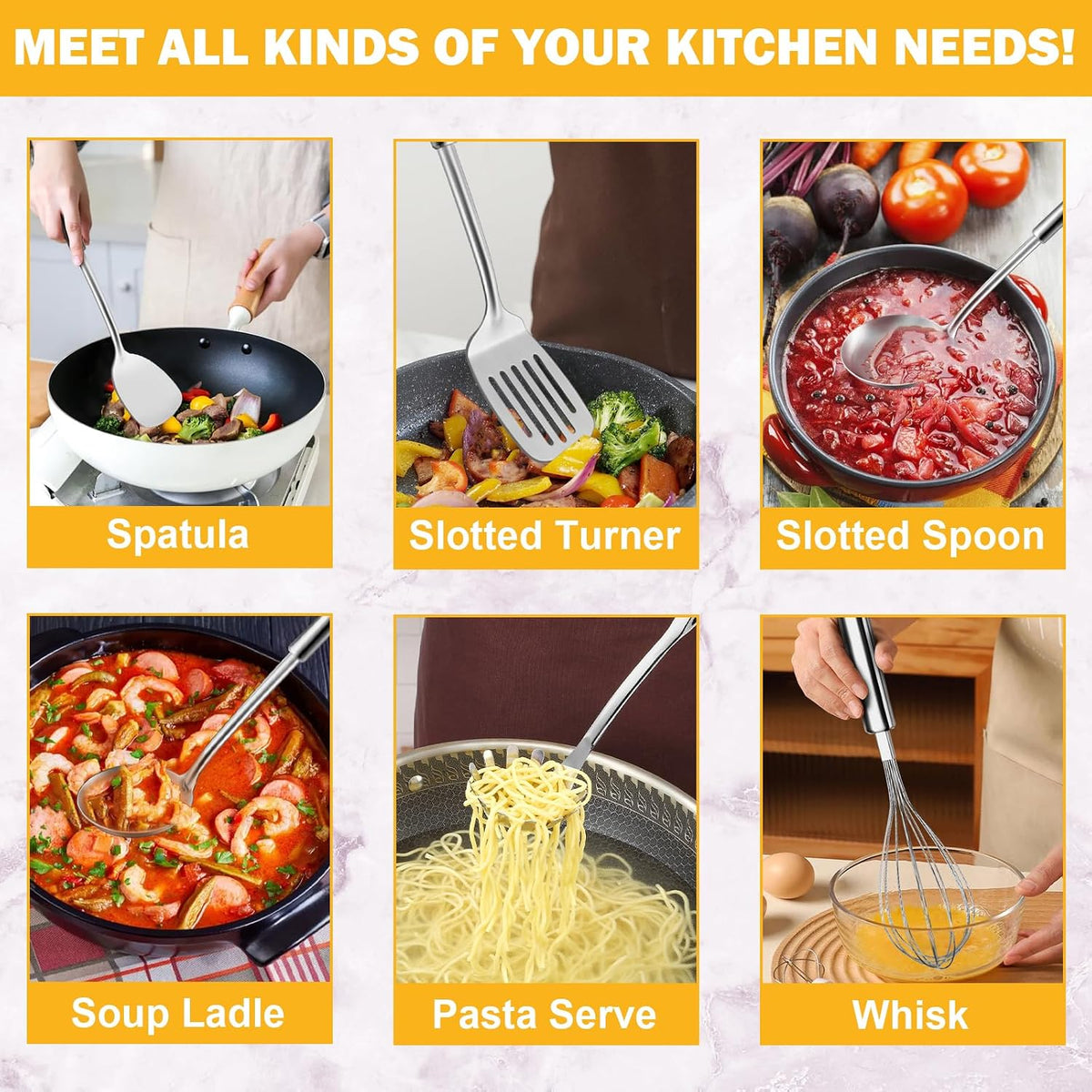 Kitchen Cooking Utensils Set, Stainless Steel Kitchen Utensils with Suspendable Handle, Spatula, Slotted Turner, Soup Ladle, Slotted Spoon, Whisk, Pasta Server, Dishwasher Safe