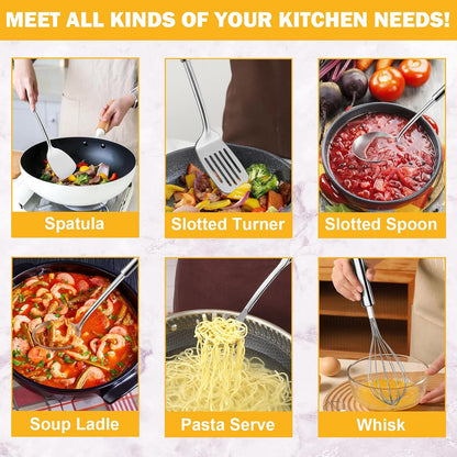 Kitchen Cooking Utensils Set, Stainless Steel Kitchen Utensils with Suspendable Handle, Spatula, Slotted Turner, Soup Ladle, Slotted Spoon, Whisk, Pasta Server, Dishwasher Safe