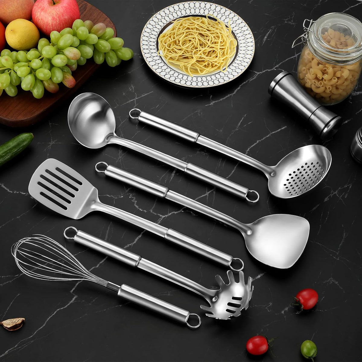 Kitchen Cooking Utensils Set, Stainless Steel Kitchen Utensils with Suspendable Handle, Spatula, Slotted Turner, Soup Ladle, Slotted Spoon, Whisk, Pasta Server, Dishwasher Safe