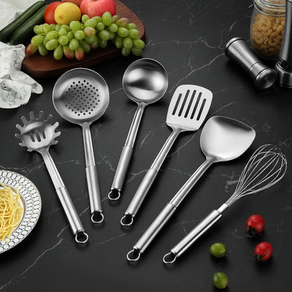Kitchen Cooking Utensils Set, Stainless Steel Kitchen Utensils with Suspendable Handle, Spatula, Slotted Turner, Soup Ladle, Slotted Spoon, Whisk, Pasta Server, Dishwasher Safe
