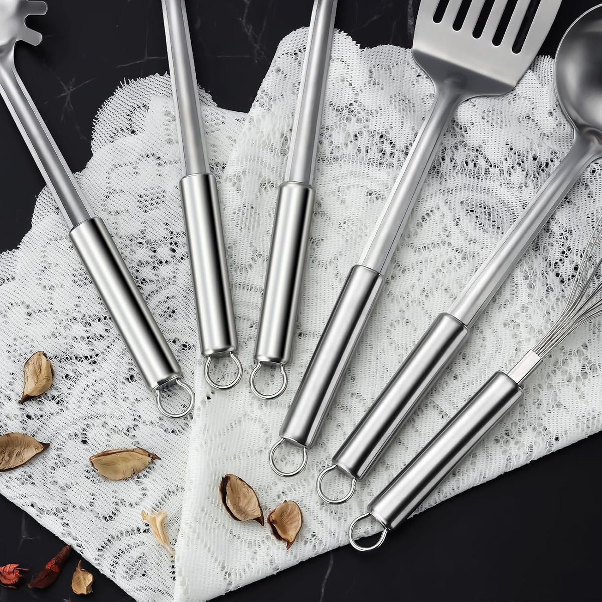 Kitchen Cooking Utensils Set, Stainless Steel Kitchen Utensils with Suspendable Handle, Spatula, Slotted Turner, Soup Ladle, Slotted Spoon, Whisk, Pasta Server, Dishwasher Safe