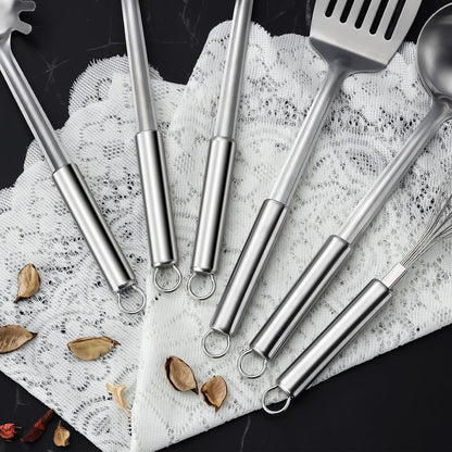 Kitchen Cooking Utensils Set, Stainless Steel Kitchen Utensils with Suspendable Handle, Spatula, Slotted Turner, Soup Ladle, Slotted Spoon, Whisk, Pasta Server, Dishwasher Safe